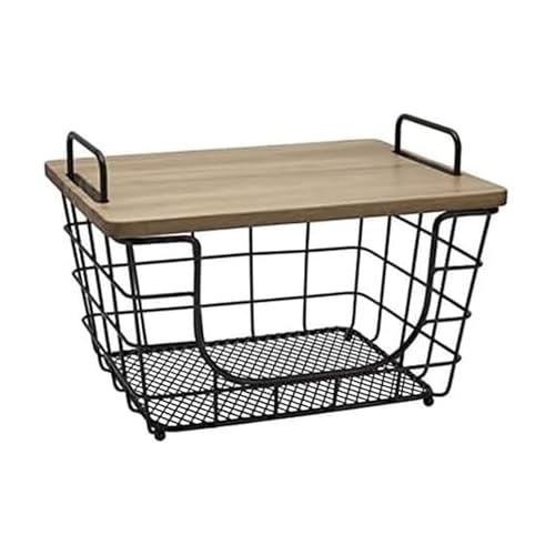 Madam Metal Stacking Nesting Rectangular Basket with Acacia Wood Lid