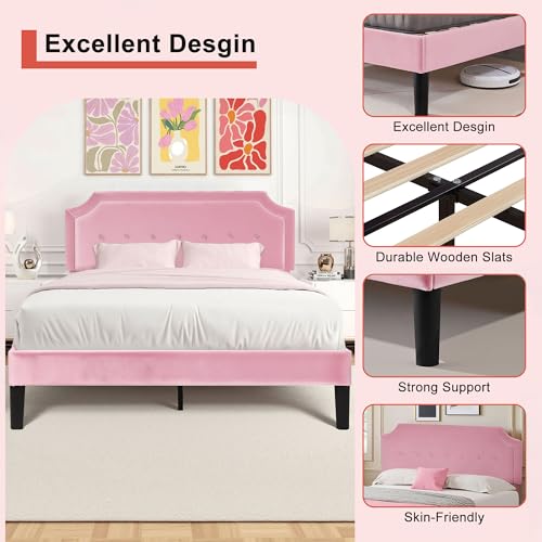 Queen Size Bed Frame with Velvet Upholstered Headboard