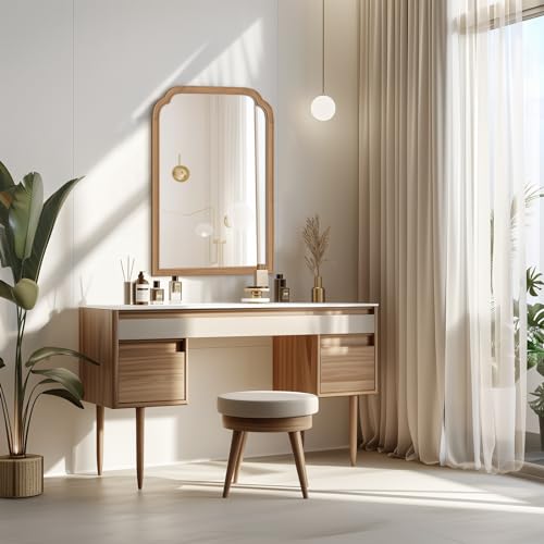Wood Frame Wall Mirror Rounded Corner Arch Rectangle Mirror for Entryway
