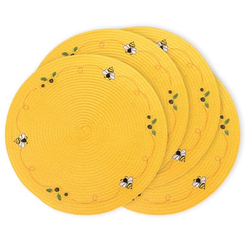4Pcs Bee Sunflower Embroidered Placemats Round Place Mats Bee Floral Dinner Table Mats for Home Spring Summer Holiday Birthday Baby Shower Party Decor (4 Count)
