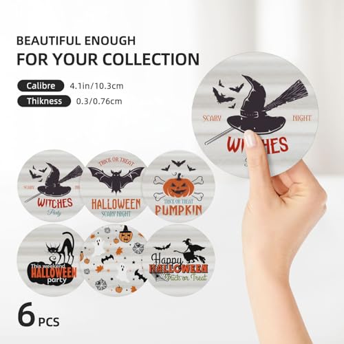 6 PCS Halloween Coasters with Metal Holder and Cork Base Ceramic Drink Coasters Absorbent Cup Mat Non