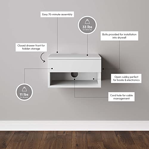 Jackson Wall Mounted Floating Bedroom Nightstand with Storage Drawer and Modern Open Shelf Cubby