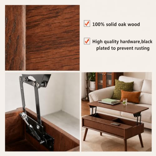 Solid Oak Wood Lift Top Coffee Table for Living Room