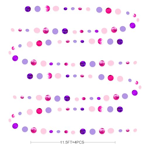 Pink and Purple Party Decorations Circle Dots Garland Hot Pink Lavender Hanging Polka Dot Streamer for Birthday Bridal Shower Wedding Bachelorette Anniversary Party Supplies