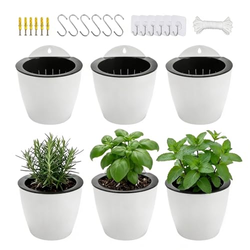 6 Pack White Hanging Planter Pots Self Watering Vertical Garden Wall Mount Window Hang Round Plastic Container Indoor Outdoor for Plants Flowers Succulent Kitchen Living Herbs Holder Decor (6 Count)
