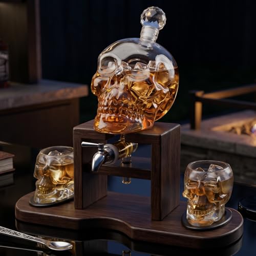 Skull Skeleton Wine & Whiskey Decanter Set 750mL with 2 Skull Shot Glasses 3oz (4 Count)