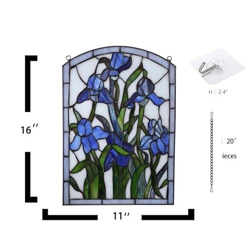 Iris Stained Glass Window Hanging 16" H x 11" W Tiffany Style Blue Rectangular Window Panel Suitable for Living Room Bedroom Kitchen Window Decoration Hangings with Chain
