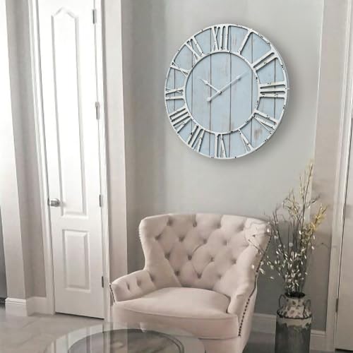 Large Farmhouse Wall Clock 24 Inch Vintage Blue Wooden Wall Clock with Quiet Ticking and Minimalist Roman Numerals for Bedroom Living Room Office Kitchen Home Decor