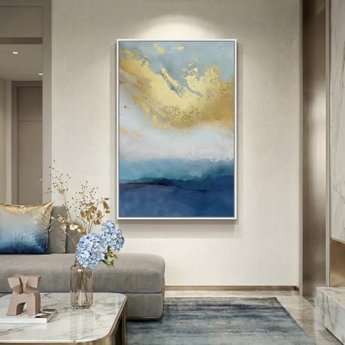Large Framed Blue Gold Abstract Wall Art