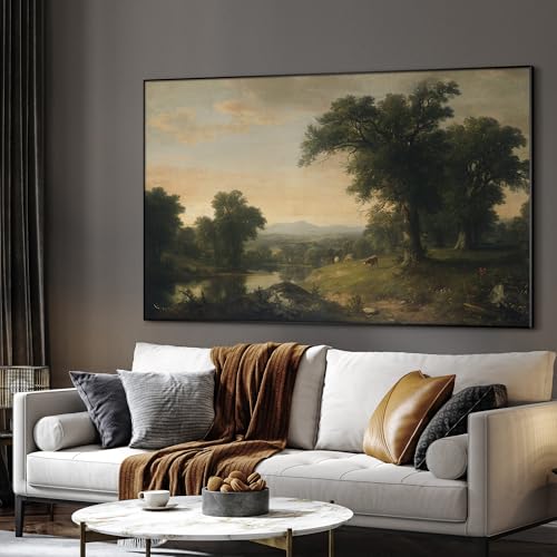 46"x72" Extra Large Framed Wall Art Classic River Valley Landscape Vintage Style Countryside Illustration for Home Living Room Bedroom Decor