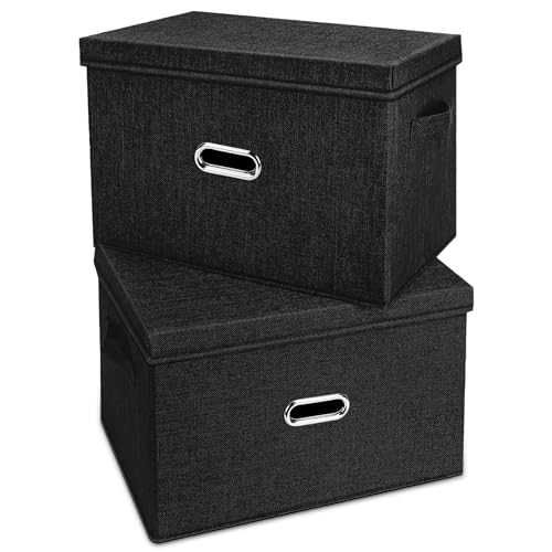 Large Linen Fabric Foldable Storage Bins with Removable Lid and Handles (2 Count)