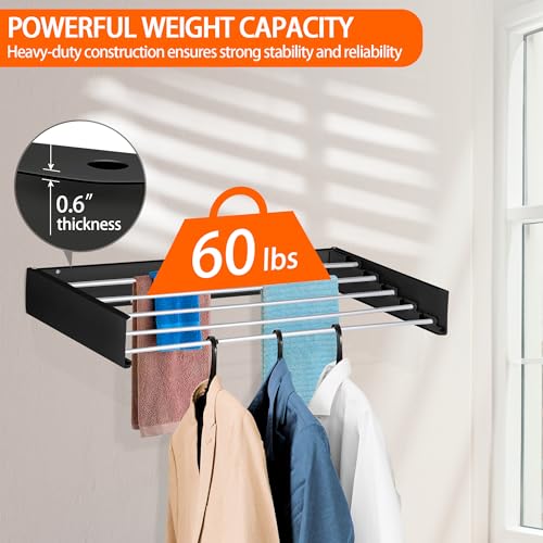 Laundry Drying Rack Wall Mounted Clothes Drying Rack Collapsible with 5 Aluminum Rods and Drilling Template Long Screwdriver Bit 60 lbs Capacity