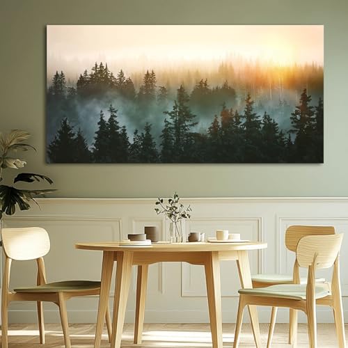 Canvas Wall Art Sunrise Forest Nature Painting Wall Decor for Bedroom Living Room Office Home Decor Wall Art 48x24 Inches (40 Count)