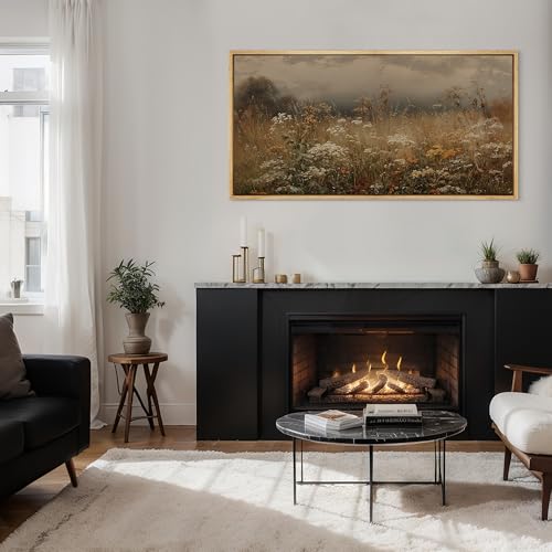 Extra Large Framed Canvas Print Wall Art Autumn Meadow Landscape Rustic Field Illustrations Fine Art Illustrations Decorative Colorful for Bedroom