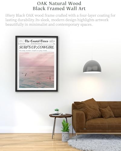 12x16in Surf’s Up Cowgirl Black Framed Newspaper Wall Art