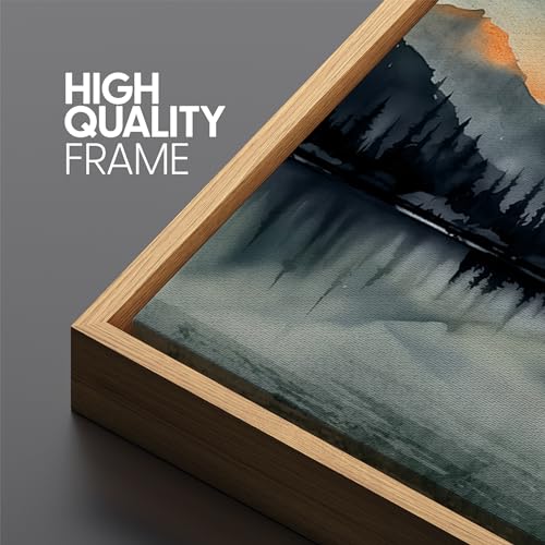 Extra Large Framed Canvas Print Wall Art Sunset Mountain Range and Lake Panoramic Antique Retro Fine Art Illustrations Decorative Colorful for Bedroom