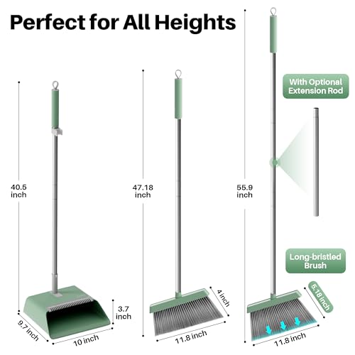 Dark Teal Green Broom and Dustpan Set with 56” Handle