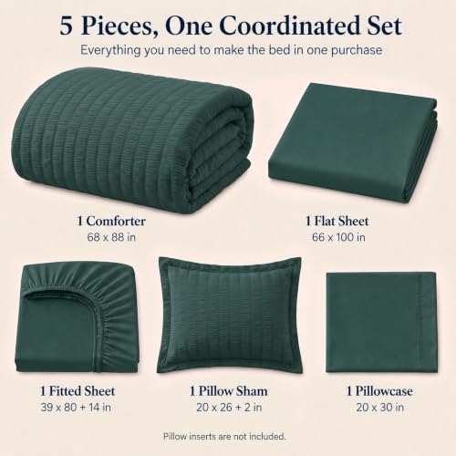 Twin XL Comforter Set 5 Pieces Forest Green Seersucker Bed in a Bag