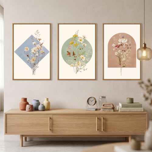 Boho Neutral Wildflower Framed Canvas Wall Art Set