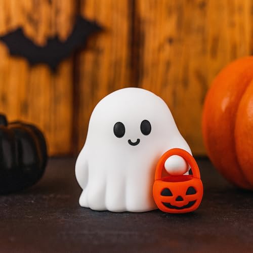2 Pcs Halloween Ghost Figurine Cartoon Cute Spooky Carrying Pumpkin Basket Desk Display Ornament Tiny Trick or Treat Ghost Resin Halloween Statue for Home and Office Tabletop Decor Supplies (2 Count)