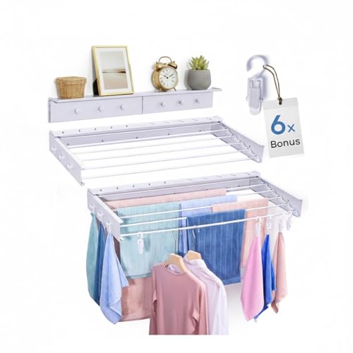 40" Premium Aluminium Foldable Clothes Drying Rack Included Shelf with 6 Rods & 6 Extra Clips