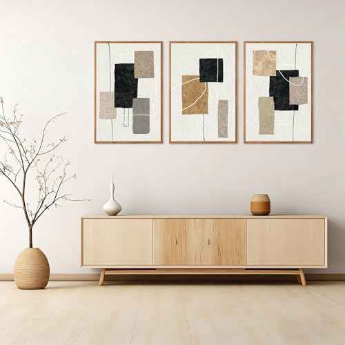 KAlRNE Neutral Abstract Wall Art Beige Block Lines Prints Set (3 Count)