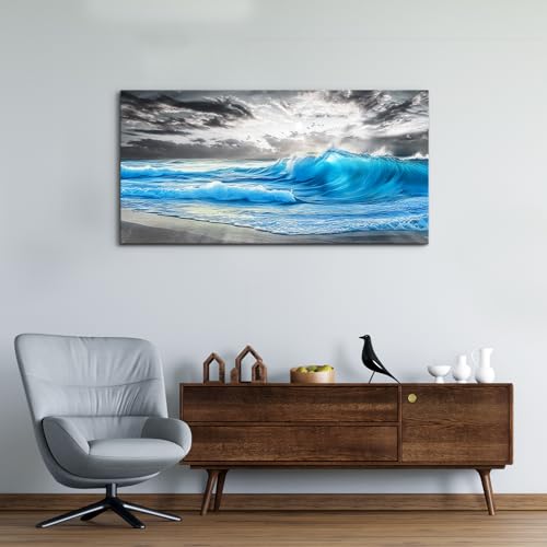 Beach Wall Pictures Canvas Artworks Wall Decor For Living Room Canvas Wall Art For Bedroom Restaurant Office Decorations Blue Sea Wave Ocean Paintings Home Decor Ready To Hang 24x48 In