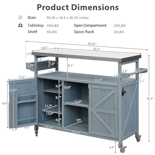 50.25" Outdoor Kitchen Island with Rolling Bar Cart & Storage Cabinet