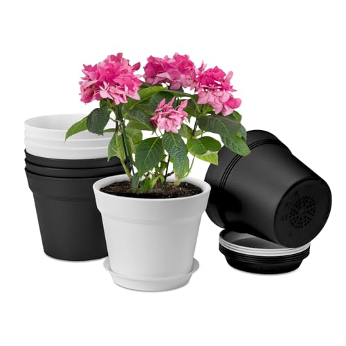 7.5 Inch Plastic Flower Pots with Drainage Holes and Trays (8 Count)