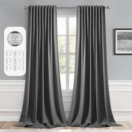 Grey Back Tab Blackout Curtains 52x108 Inch Long 2 Panels Set (2 Count)