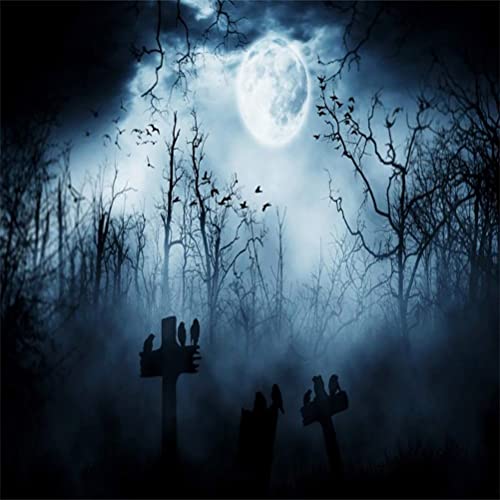 10x10ft Spooky Halloween Graveyard Backdrop Foggy Full Moon Horror Scene