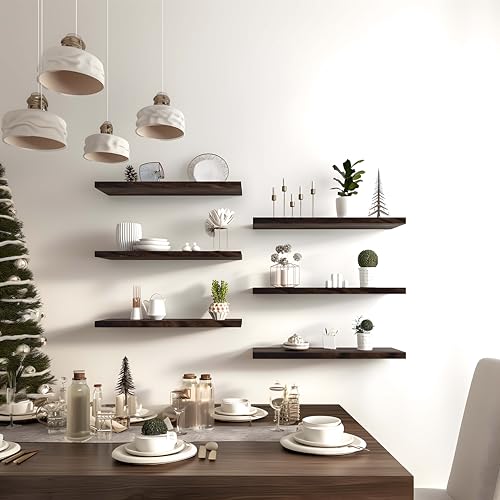 Brown Wood Floating Shelves for Wall Rustic Wall Shelves for Bedroom Set of 6 (6 Count)