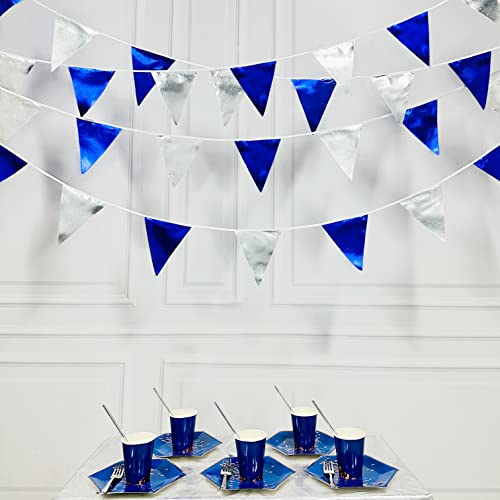 Royal Blue Silver Party Decorations Navy Blue Triangle Pennant Banner Flag Metallic Fabric Bunting Garland for Birthday Graduation Wedding Retirement Nautical Ahoy Achor Pirate Theme Party Supplies (36 Count)