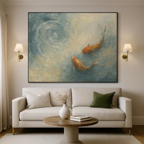 60"x72" Extra Large Framed Wall Art Koi Fish Swirl Tranquil Water Illustration for Home Living Room Bedroom Decor