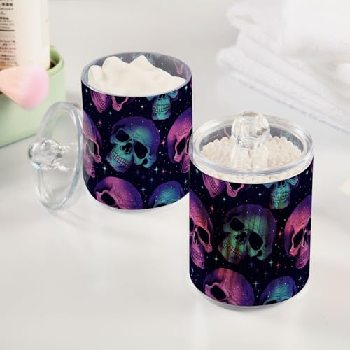 2 Pack Qtip Holder Organizer Dispenser Neon Skulls Bathroom Storage Canister Cotton Ball Holder Container for Cotton Pads (2 Count)