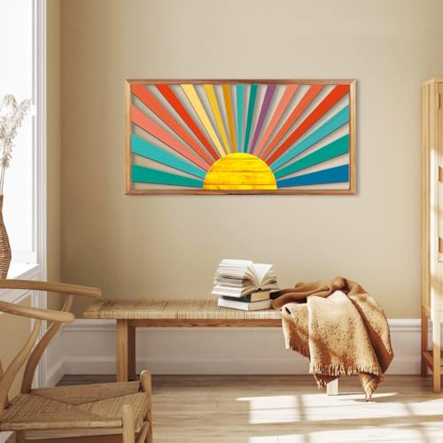 Large Boho Sun Wall Art Framed Wooden Art Wall Decor Colorful Rainbow Geometric Line Sunshine Artwork for Living Room Bedroom Office 16x32 Inch
