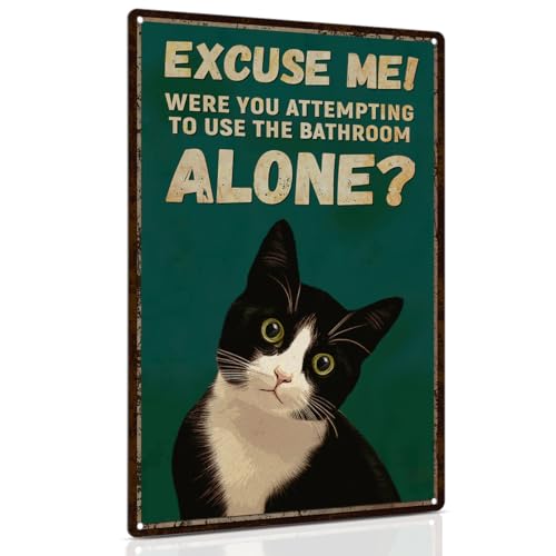 Tuxedo Cat Bathroom Alone Metal Tin Sign Vintage Wall Decor 8x12"