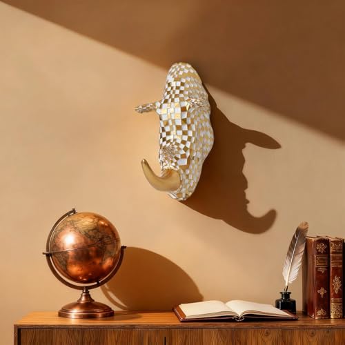 9.2x4.7 Inch Vintage Mosaic Rhino Head Wall Sculpture Art Mount Statue for Room Bedroom Office Living Decor