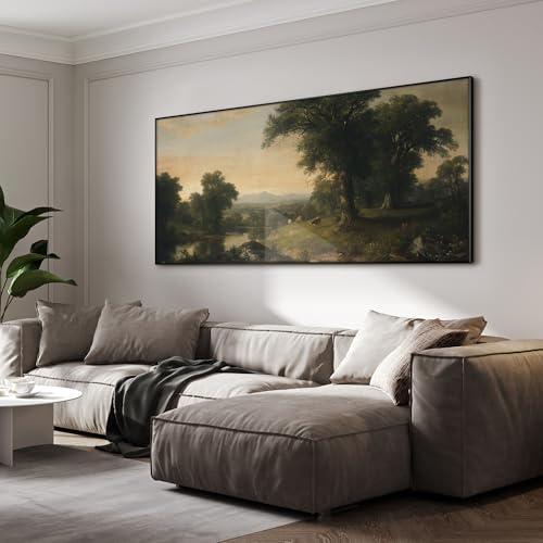 24"x46" Extra Large Framed Wall Art Classic River Valley Landscape Vintage Style Countryside with Trees and Cows Illustration for Home Living Room Bedroom Decor