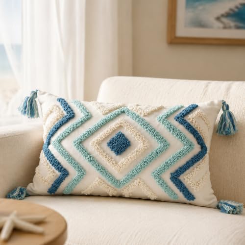 Lumbar Boho Pillow Covers 12x20 Tufted Teal for Couch Bed Teal