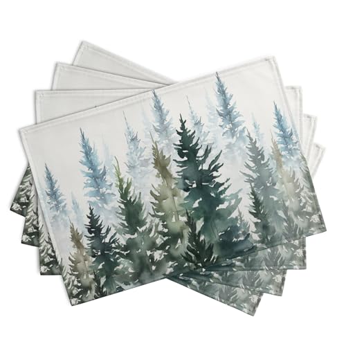Watercolor Dark Green Tree Table Mats Set of 4 Rustic Nature Forest Pine Tree Placemats Seasonal Winter Holiday Place Mat Farmhouse Washable Linen Placemat for Dining Table Kitchen Christmas Decor (4 Count)