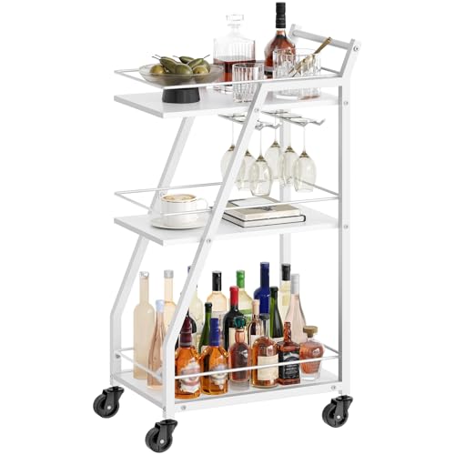 Bar Cart, 3-Tier Home Bar Serving Cart with Wheels, Drink Cart with Glass Holder, Beverage Cart, Rolling Kitchen Cart, for Home, Living Room, White and White BC03WW