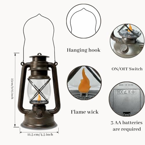 2 Pack LED Vintage Lantern Battery Powered Lanterns with Flame Wick Waterproof Camping Lamp Vintage LED Flame Lamp Hanging Lantern Lights Landscape Patio Garden Pathway Decor for Indoor (2 Count)