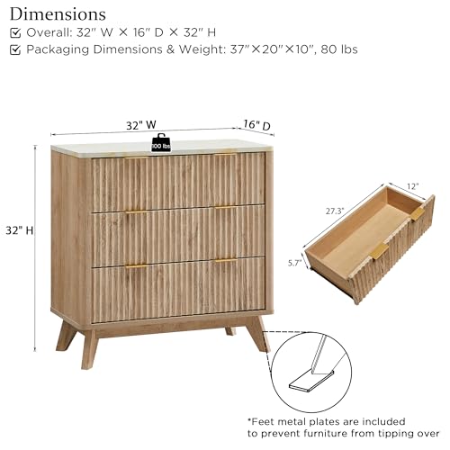 32" Large Fluted Nightstand with 3 Drawers