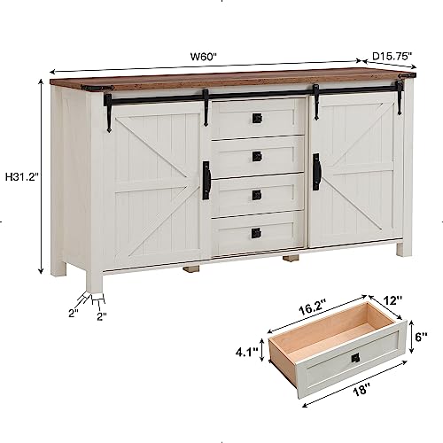 60 Inch Farmhouse Dresser with 4 Drawers and Sliding Barn Doors