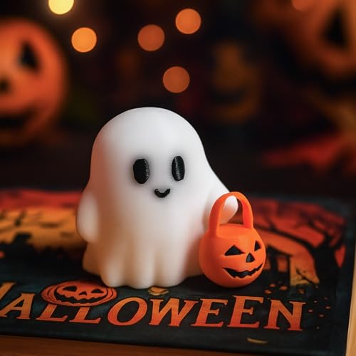 Halloween Ghost Figurines 3D Printing Halloween Table Decorations Cartoon White Spooky Carrying Pumpkin Statue Small Mini Little Ghost Figurine Holiday Table Centerpieces for Home Tabletop Decor