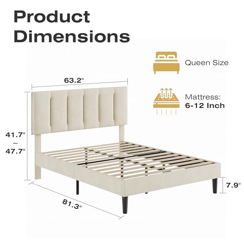 Queen Size Bed Frame with Upholstered Headboard