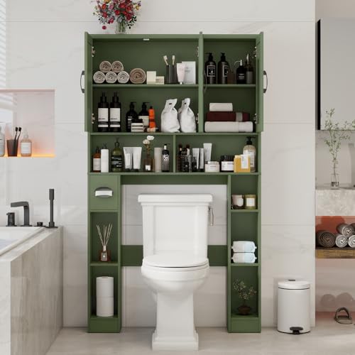 Over The Toilet Storage Cabinet with 3 Barn Doors.Green