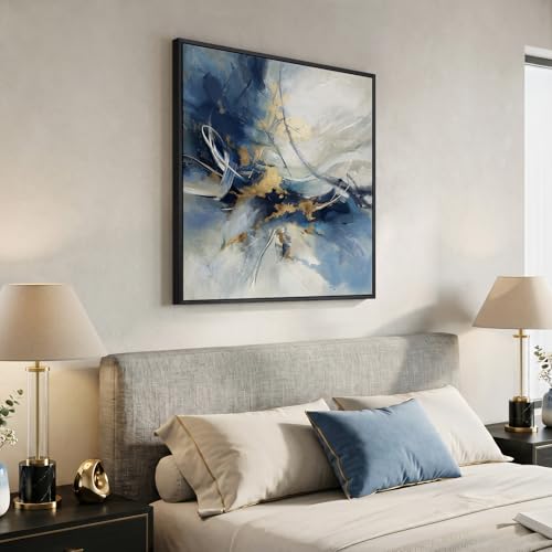 Framed Modern Blue White Abstract Wall Art Decor for Living Room