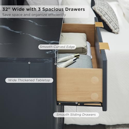 32" Large Fluted Nightstand with 3 Drawers